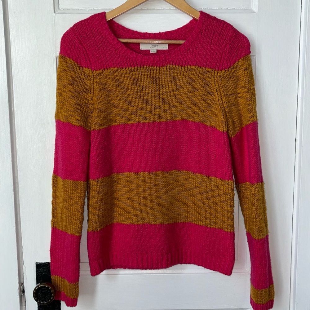 LOFT HOT PINK & GOLD STRIPED CREWNECK SWEATER